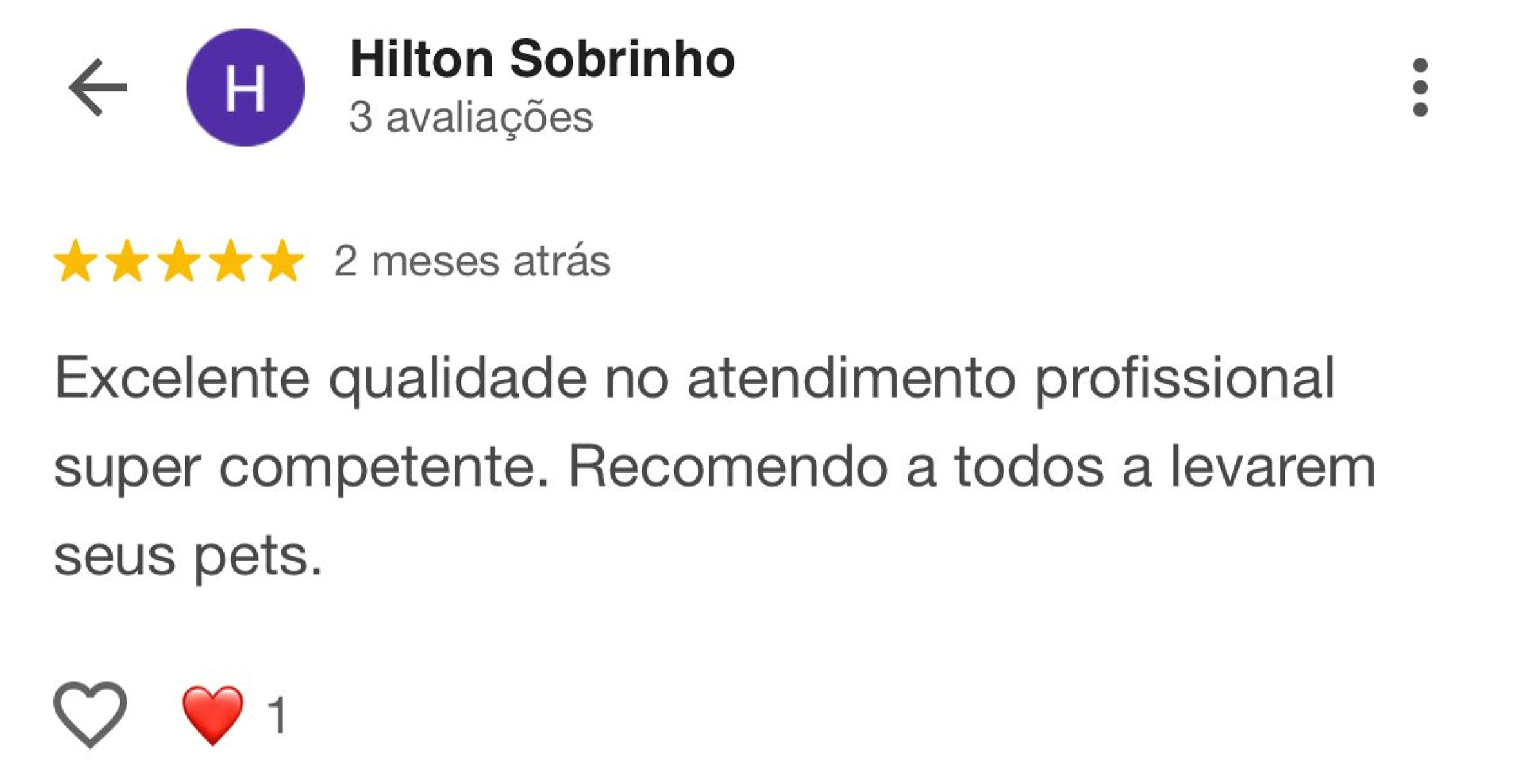 Avaliação de Hilton Sobrinho no Google — 5 estrelas para a PRUDENT VET