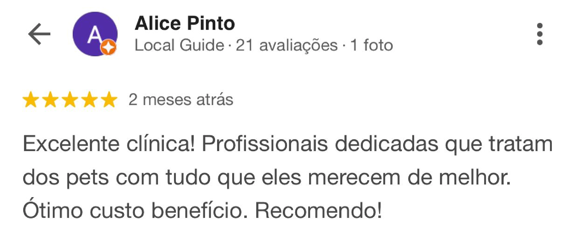 Avaliação de Alice Pinto no Google — 5 estrelas para a PRUDENT VET